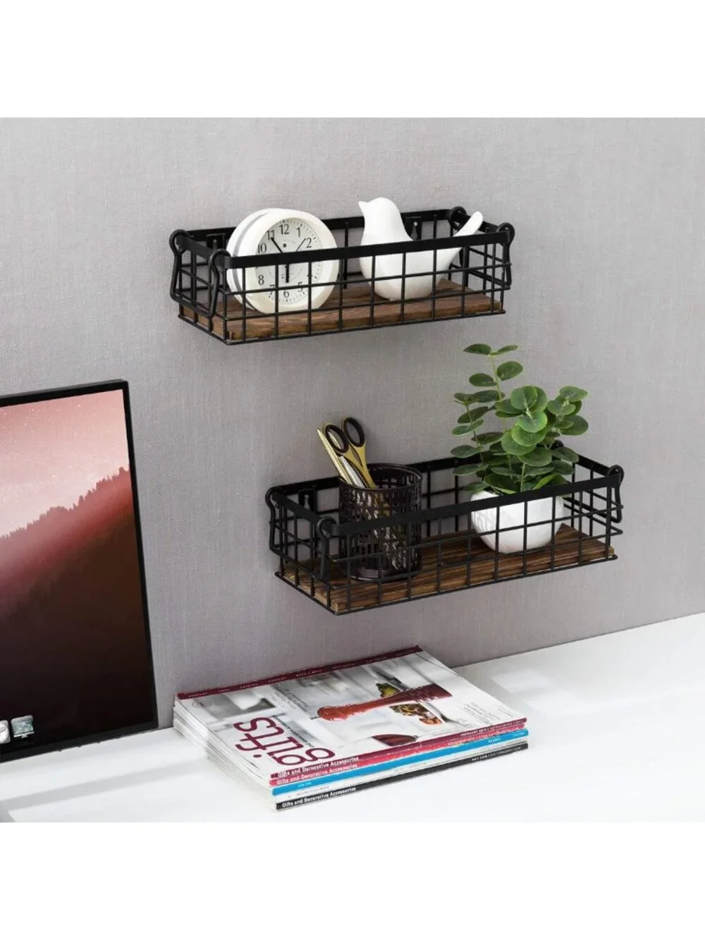 Set of 2 Black Wire Storage Baskets for Organizing Shelves & Pantry Decor